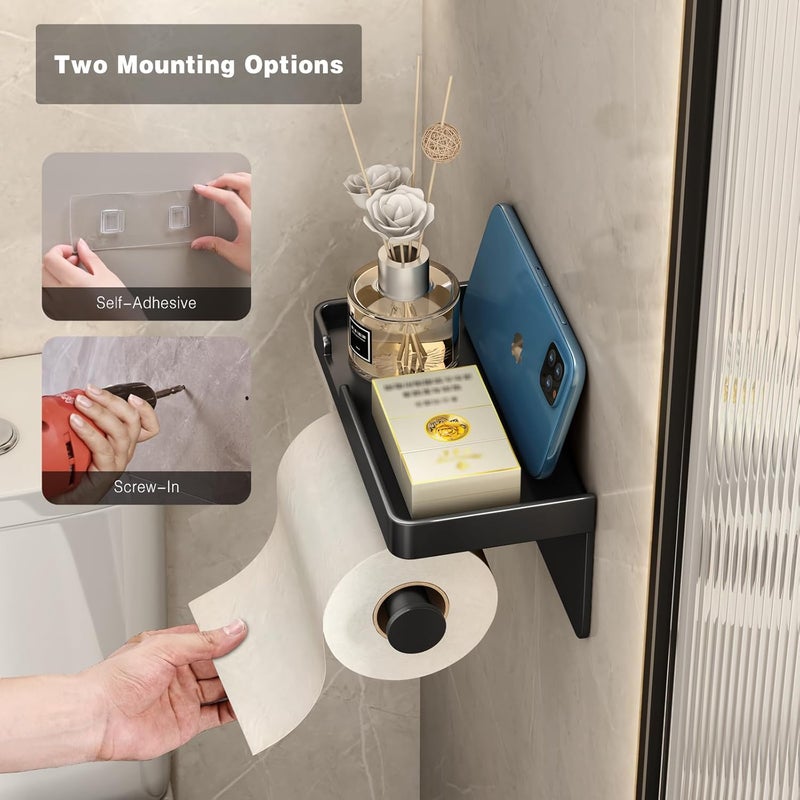 Voldra Toilet Paper Holder with Phone Shelf, Self-Adhesive or Screw-in Toilet Tissue Roll Holder Wall Mount, Rustproof & Multifunctional Bathroom Toilet Paper Holder Storage Dispenser(Black) - Image 4